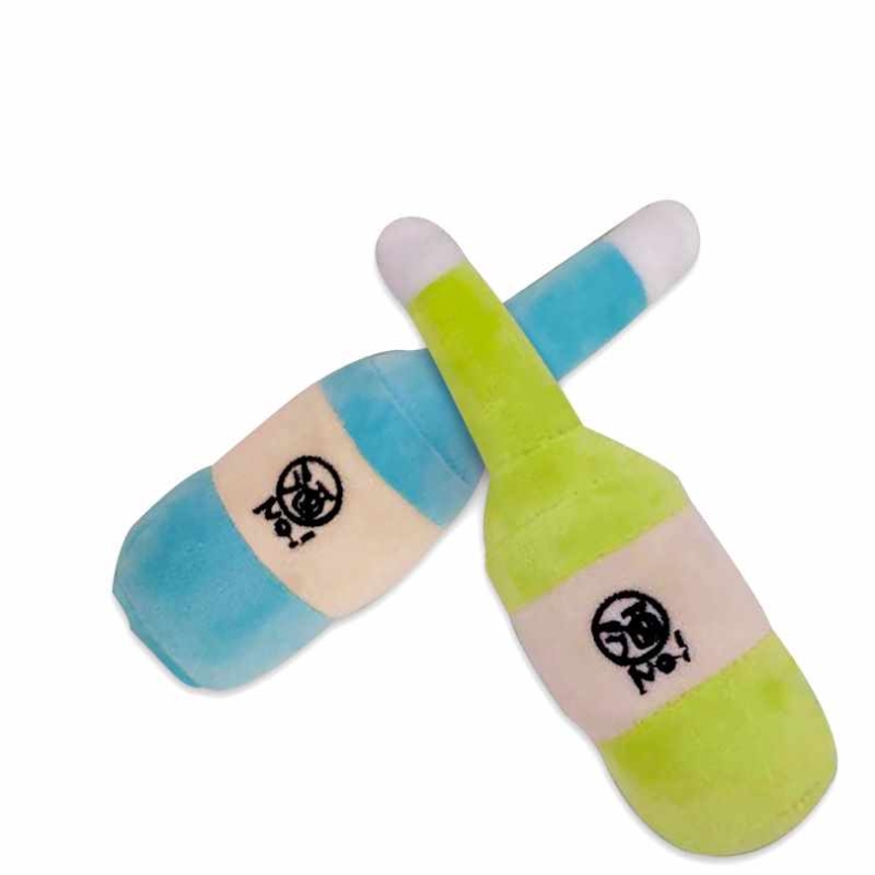 Plush fabric beer bottle shaped dog toy