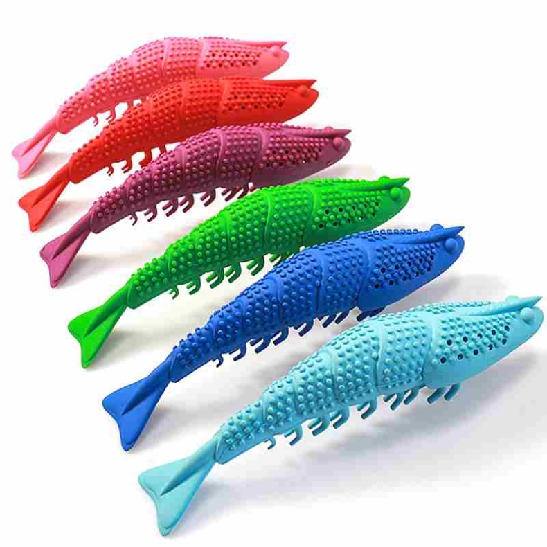 Cat toys in the shape of shrimps in various colors