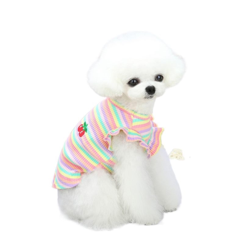 Summer yellow and pink dog clothes with cherry pattern