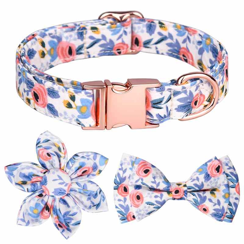 Cotton Orange Green Blue pet collar with bow tie and flower