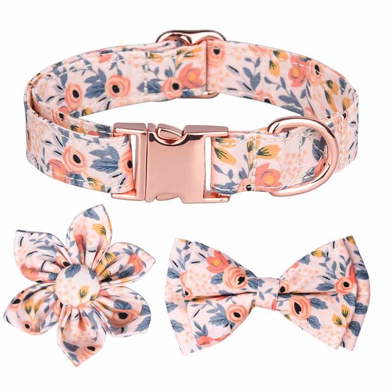 Cotton Orange Green Blue pet collar with bow tie and flower